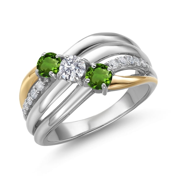 Gem Stone King 925 Silver and 10K Yellow Gold Green Tourmaline and Lab Grown Diamond Engagement Ring for Women | 0.92 Cttw | Round 4MM | October Birthstone | Size 6