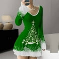 thumbnail image 2 of Christmas Dress for Women Snowflake Print Long Sleeve V Neck Red Ruffle Knit Mini Skirt for Holiday Green 2XL, 2 of 7