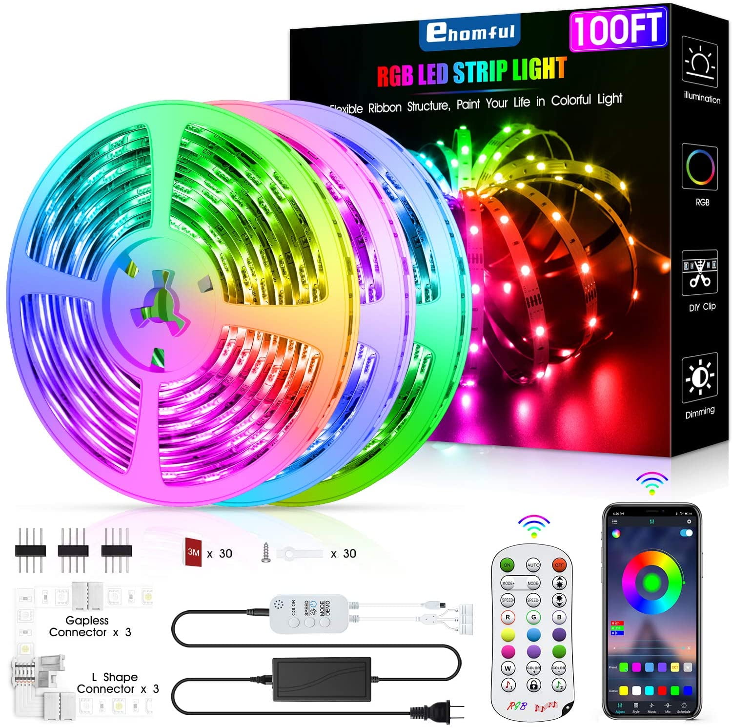 Kitchen Bar Home Party 100ft LED Strip Lights RGB Led Light Strip with Bluetooth Remote App Controller Color Changing 5050 LED Rope Lights Strip Sync to Music for Bedroom Christmas 
