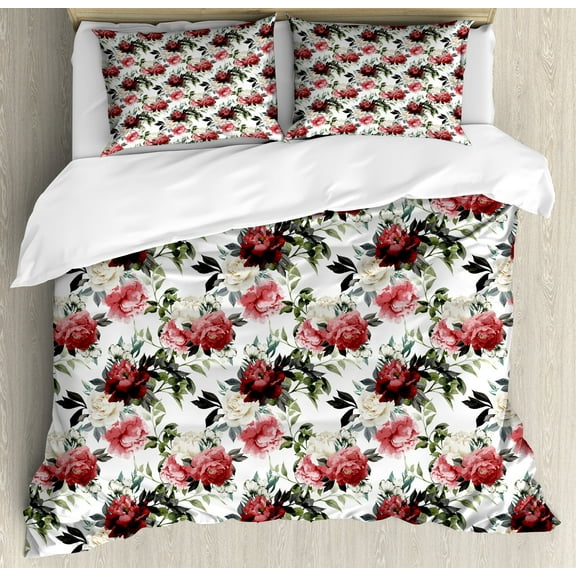 Shabby Flora Duvet Cover Set, Floral Flower Roses Buds with Leaves and Branches Art Print, Decorative 3 Piece Bedding Set with 2 Pillow Shams, King Size, Olive Green Maroon, by Ambesonne