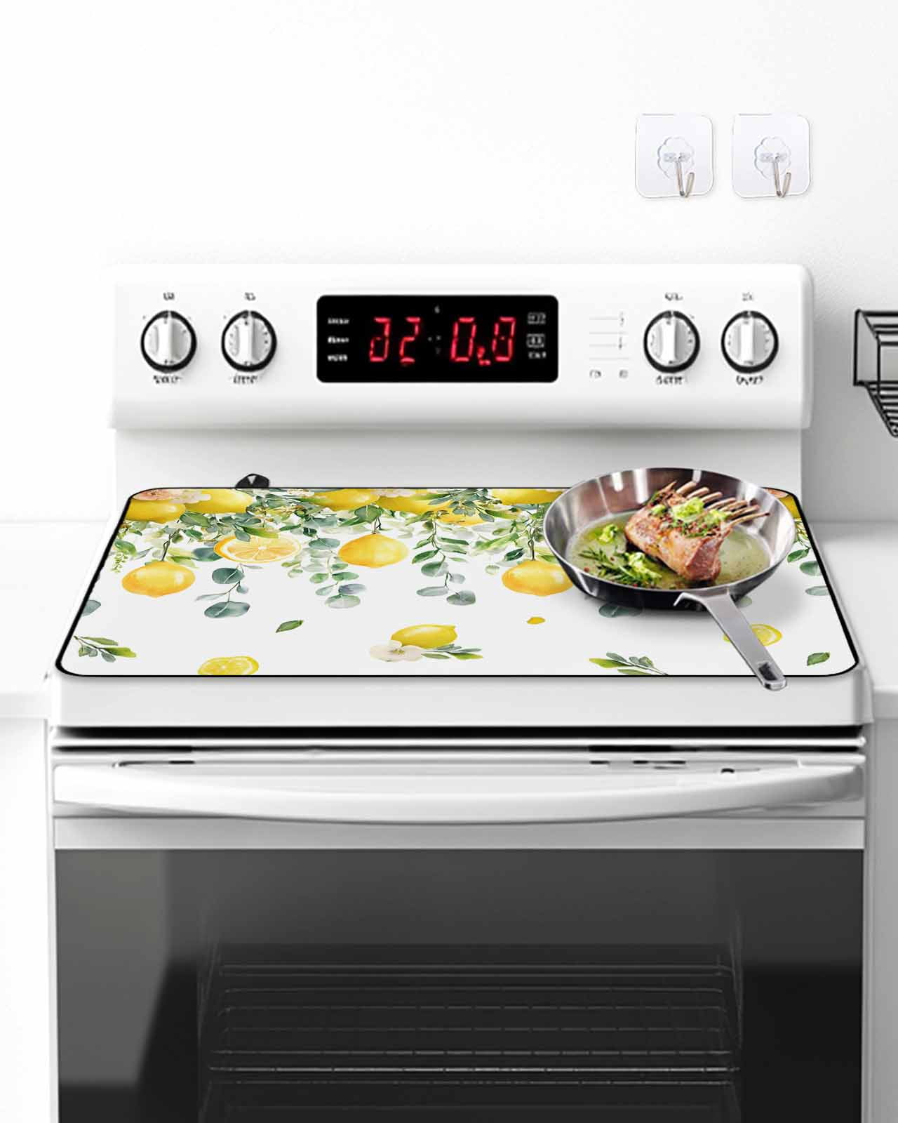 Stove Top Covers for Electric Stove, Lemon Eucalyptus Glass Stovetop Cover Protector, Farm Flower Fruit Country Boho Summer Induction Cooktop Protector Oven Mat for Kitchen Countertop 24"x21"