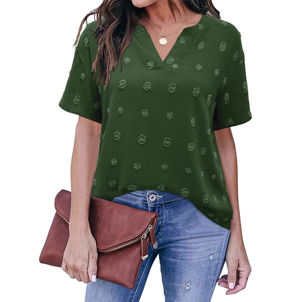Qarigey Blusa con cuello en V Camisa estética holgada Oficina Vacaciones Playa Compras Moda Verano Top Novia Madre Ropa Prendas para la parte del cuerpo Verde L Qarigey AP011062-18