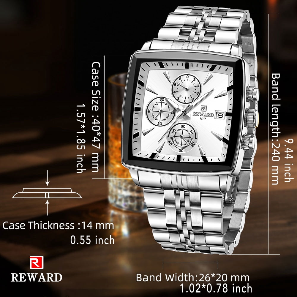 Square Watches for Men Silvery Stainless Steel Chronograph Fashion Business Watch Luminous Waterproof Casual Wrist Watches