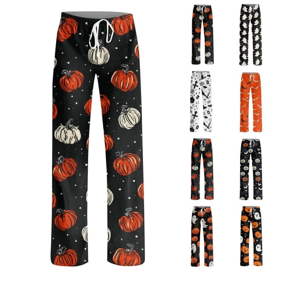 Satingcolo Halloween Pajama Pants Women Cute Funny Print Pajamas Casual Elastic Waist Palazzo Pants Fall Pajamas