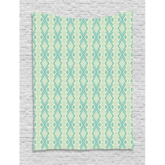 Ethnic Tapestry, Timeless Tribal Bullseye Rhombus Pattern with Ornamental Geometric Design, Wall Hanging for Bedroom Living Room Dorm Decor, 60W X 80L Inches, Cream and Pale Blue, by Ambesonne