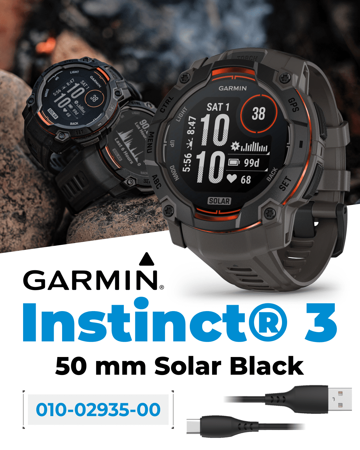 Garmin Instinct 3 Solar 50 mm, Rugged Outdoor GPS Smartwatch, Built-in Flashlight, Up to 28 Days of Battery Life, Black with Charcoal Band with Wearable4U Bundle