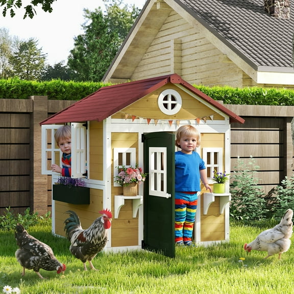 Outsunny Playhouse for Kids Outdoor, Wooden Playhouse with Doors, Windows, Planter Pots and Boxes for Toddlers 3-8 Years, Backyard, Beige