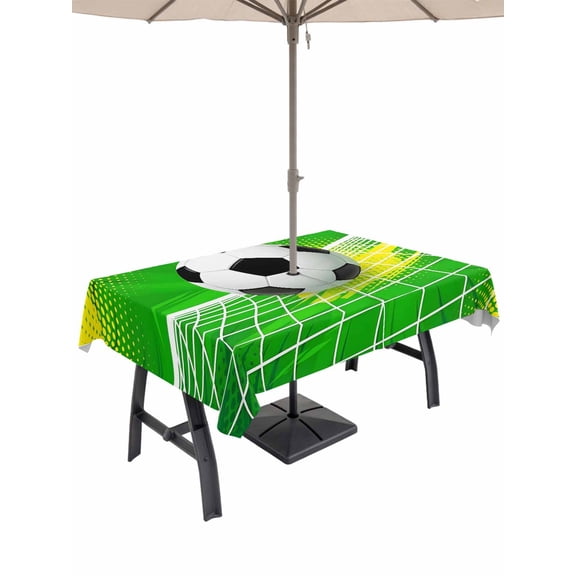 Outdoor Tablecloth with Umbrella Hole for Patio/Picnic/Party/Camping, Green Football Waterproof Table Cloth Rectangle Table Cover Washable, Soccer Ball Goal Net Vibrant (52"x 70")