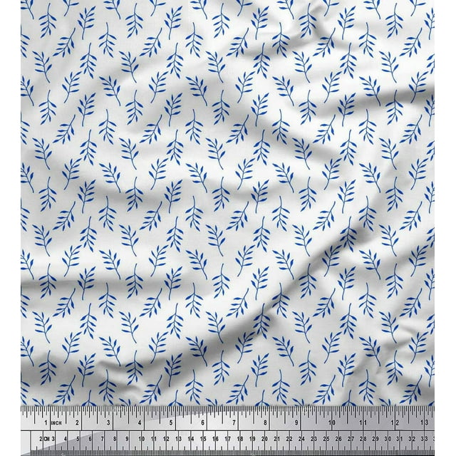 Soimoi Blue polyester Crepe Fabric Pecan Leaves Print Sewing Fabric Yard 42 Inch Wide