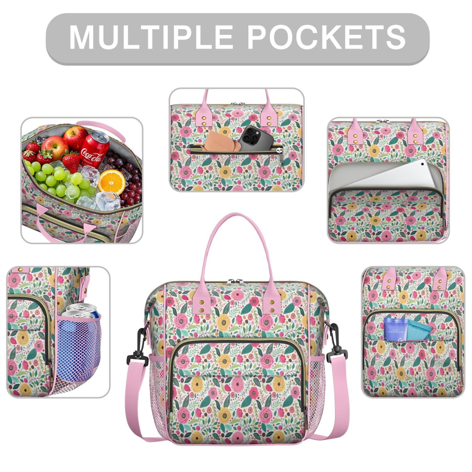 Pioneer Flower Floral Print Pattern Womens Lunch Box for Work,Insulated Large Lunch Bag for Tween and Teen,Loncheras Para Mujer,Leakproof Adult Lunch Bag for Work,Beach,Travel,Picnic,Camping