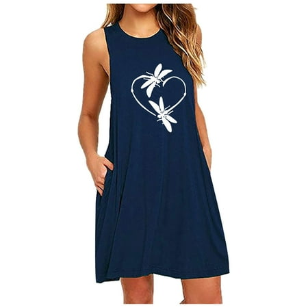 

Ichuanyi Woman Dress clearance Fashion Womens O-Neck Pocket Printing Sleeveless Casual Nightdress Dresses