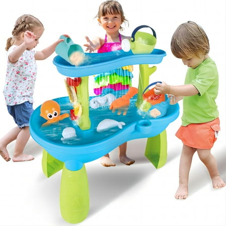 jbee ctrl water table for toddlers, 2-tier sand and water play table toys for toddlers kids, outdoor activity sensory tables outside beach toys for toddler boys girls age 1-3 3-5