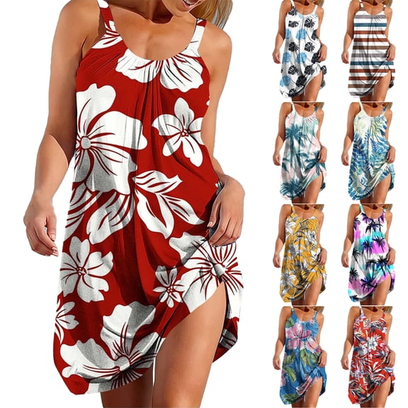 Tqyyweavej Women's Summer Dresses Print Loose Fit Cami Hawaiian Vaction Dresses Sleeveless Round Neck Swimsuit Coverup for Women