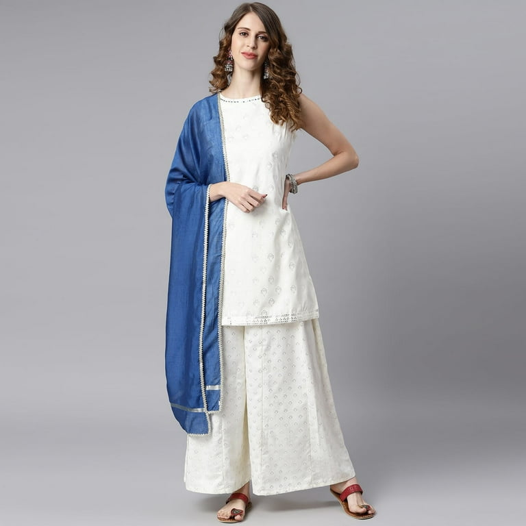 Janasya Indian Round Neck Sleeveless Ethnic Motifs Off White Poly