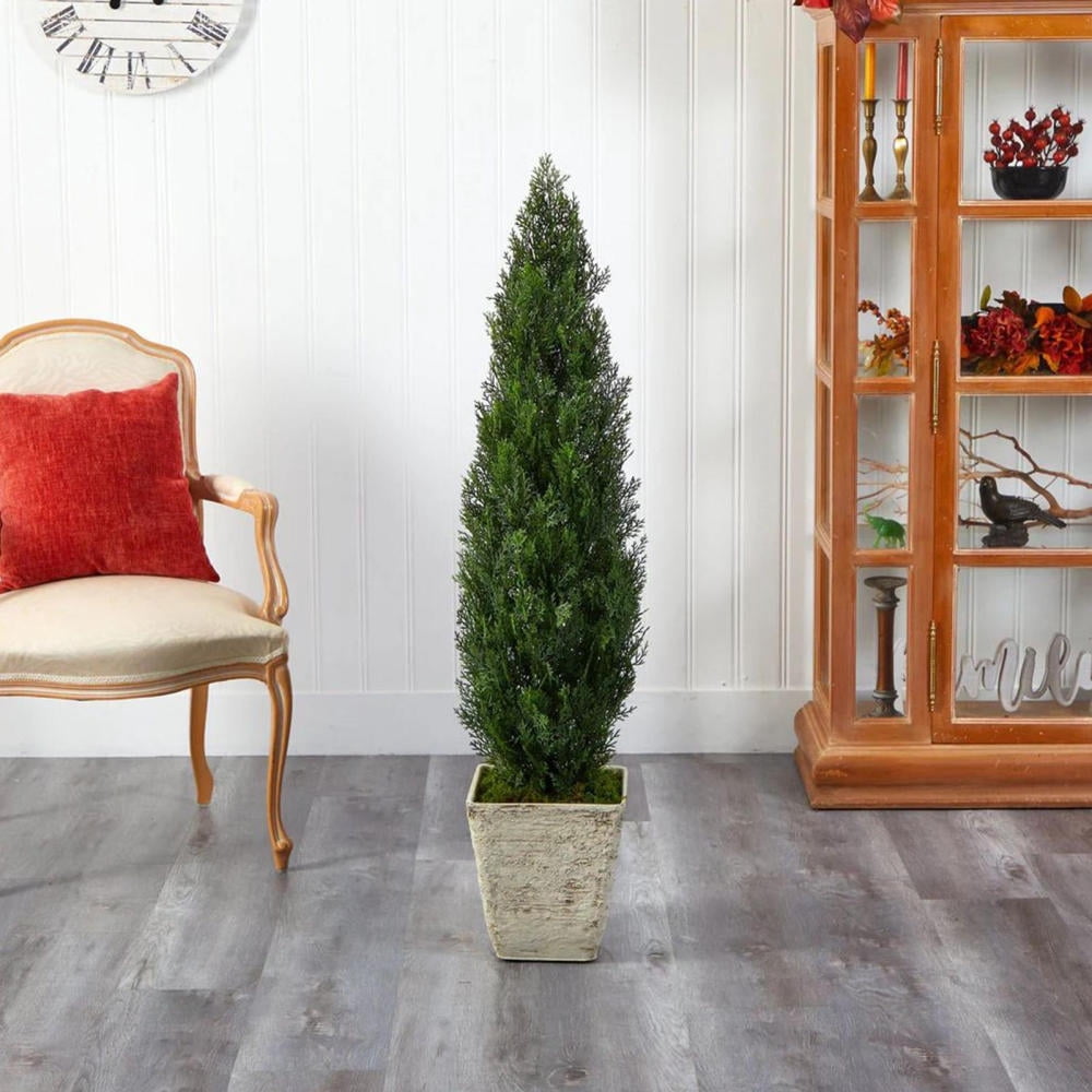 2PCS Artificial Topiary Tree, 4FT Anti-Fading Pine Shrubs Faux Cedar Pines, UV Protected Porch Trees, Fake Cypress Evergreen Plants for Outdoor Indoor, Porch, Garden, Entryway
