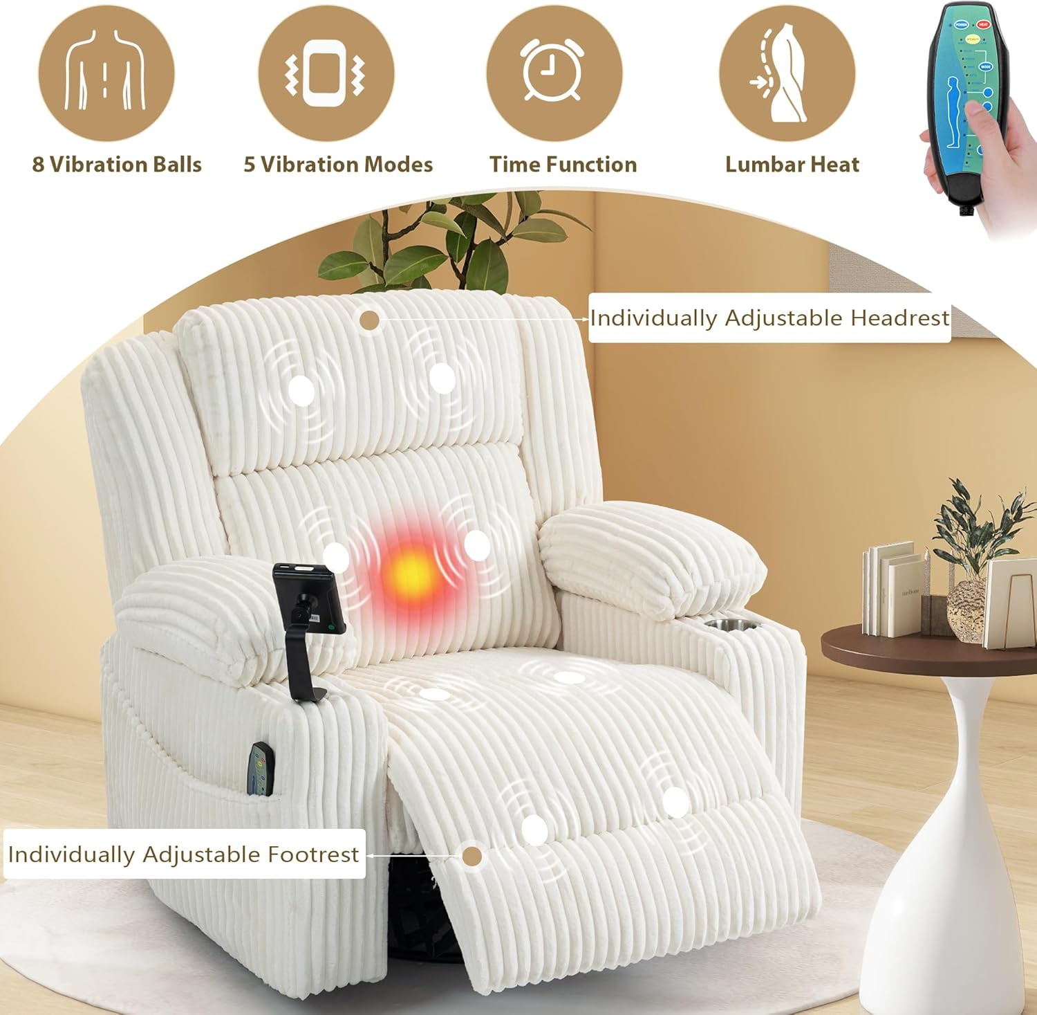 Power Swivel Rocker Recliner Chair for Adults with Massgae and Heat, USB and Type-C Charging Port, Infinite Position, Electric Glider Rocking Chairs for Living Room, Nursery