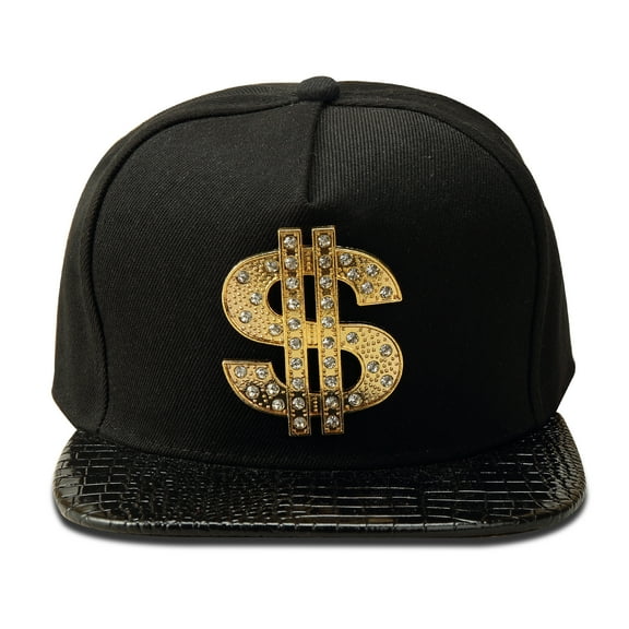 Men's Hip Hop Flat brimmed Hat flat brim hat Dollar Sign Snapback Hat with Gold Crystal Emblem, Faux Leather Brim Hip hop baseball cap