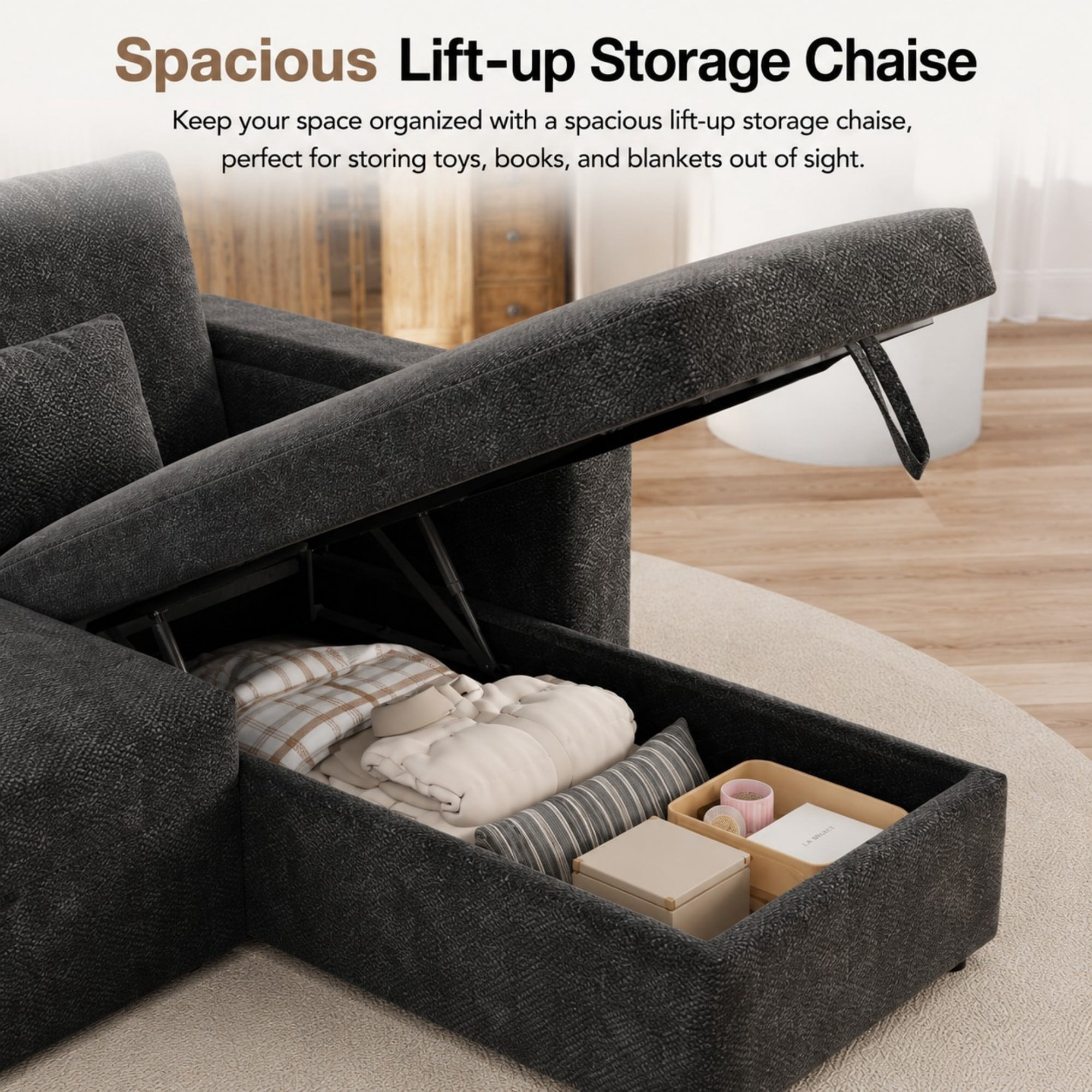 DEALTOPS 108" Chenille L-Shaped Pull Out Sleeper Sofa Bed with Recliner, Storage Chaise & USB Ports, Gray