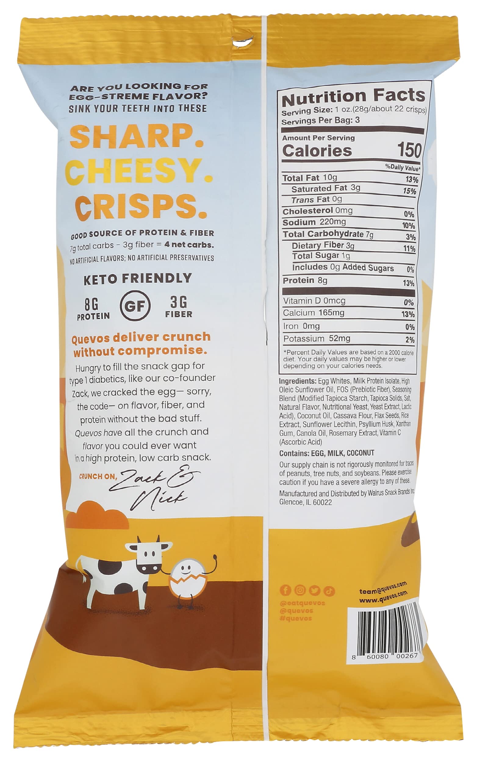 Quevos Egg White Crisps, Cheddar Flavor, 23g Protein, 9g Fiber, No Artificial Flavors or Preservatives, Keto Friendly, Gluten Free, 3.2 Ounce (Pack of 6) (3.20 Ounce (Pack of 6))