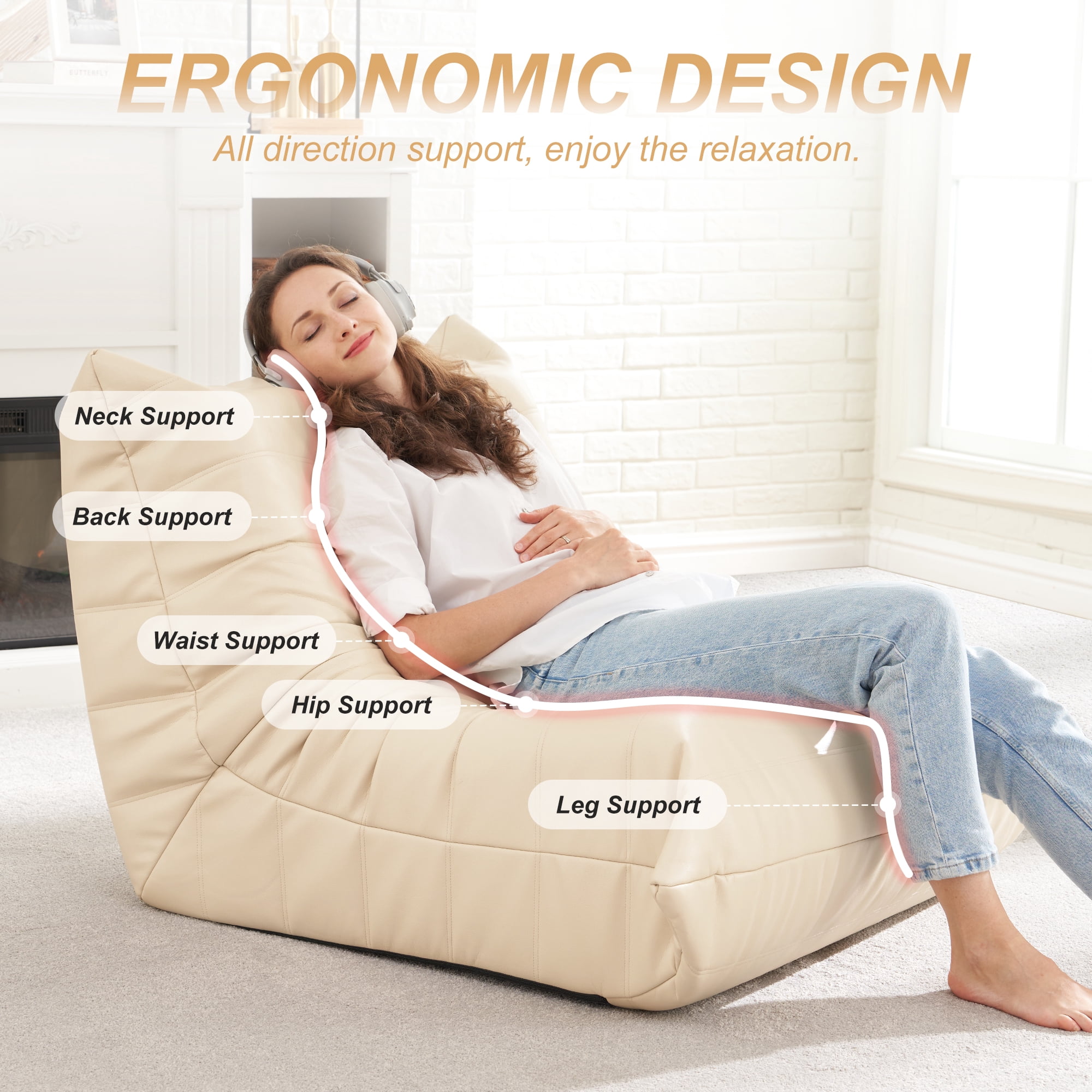Hobestluk Giant Bean Bag Sofa Memory Foam Beanbag Chairs for Adults, Bean Bag Couches Faux Leather for Living Room Bedroom Dorm Office (Beige)