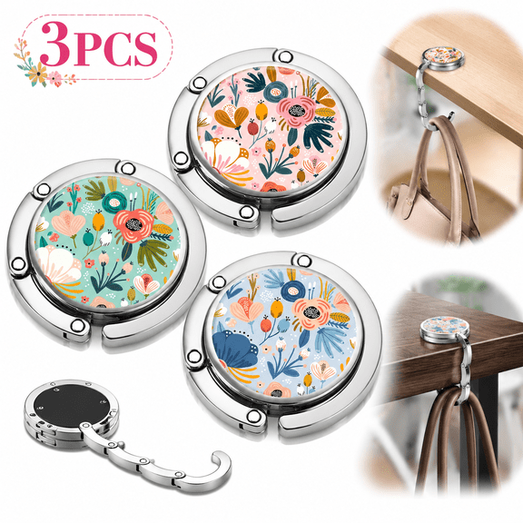 Sherry Foldable Purse Hook Womens Bag Table Hanger Collection Desk Hooks for Purse (3pack Pretty Floral Hook)