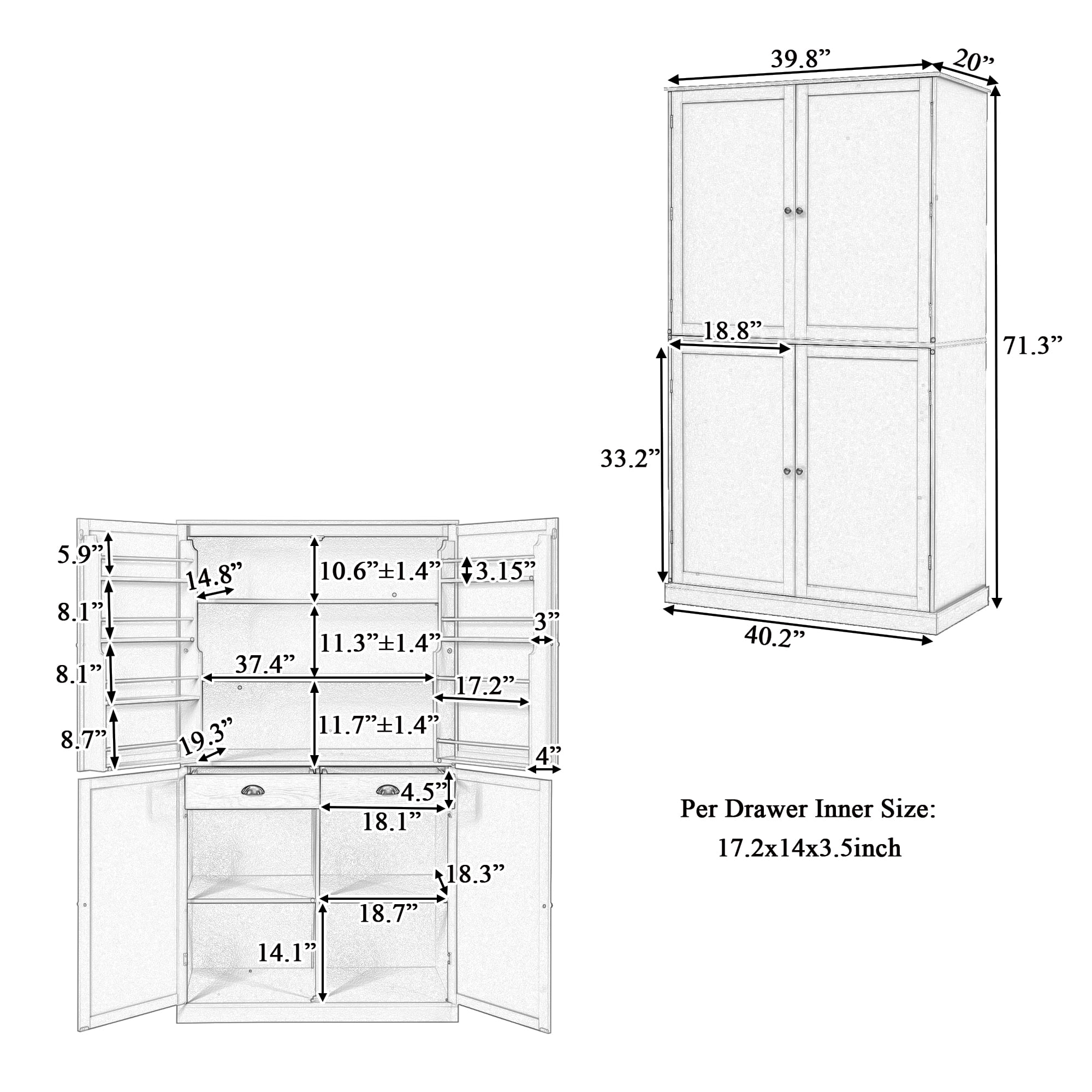 Harper & Bright Designs Farmhouse Kitchen Pantry Door Shelves, Freestanding Tall Cupboard Storage Cabinet with 3 Adjustable Shelves and 3 Drawers for Dining Room Kitchen, Gray