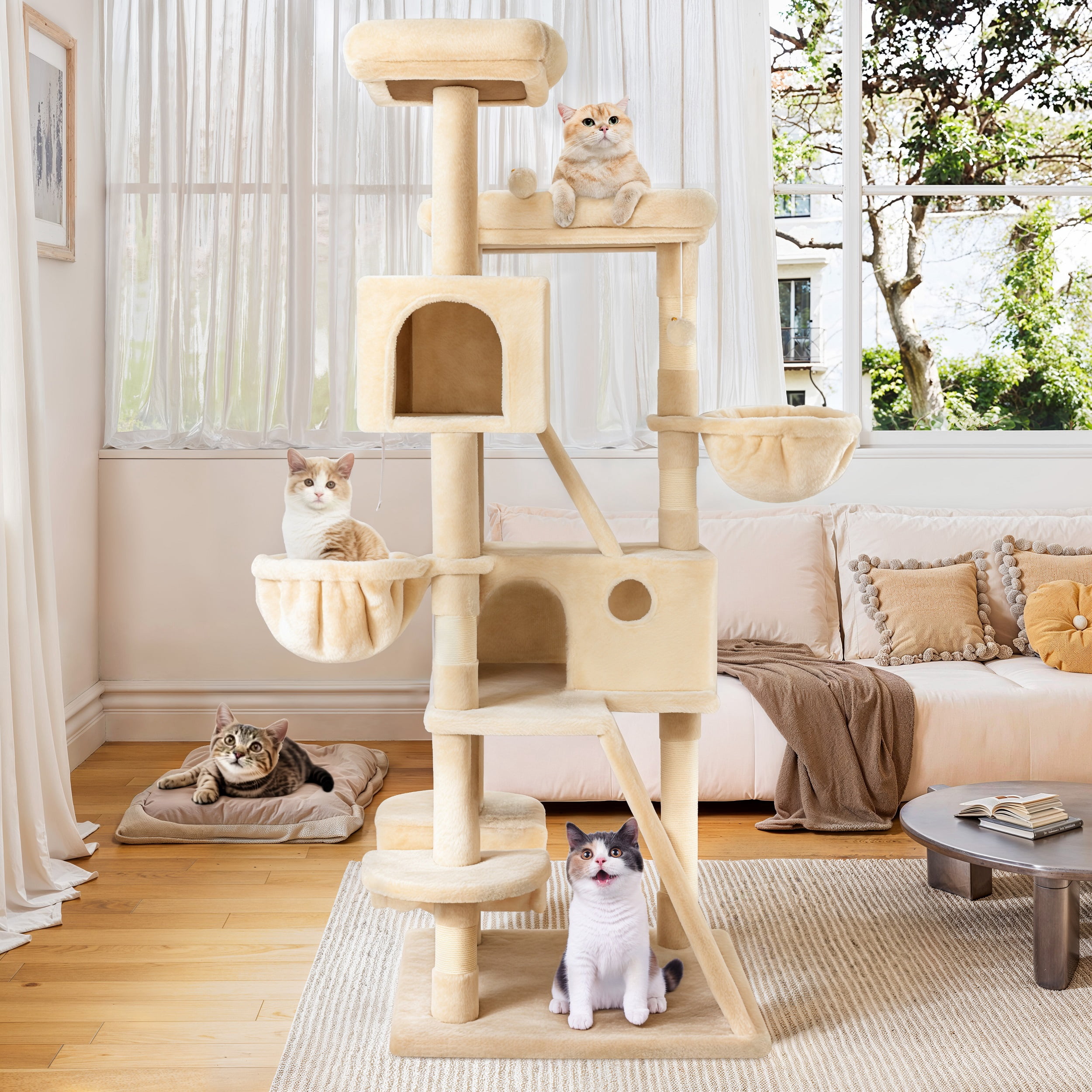 Einfach 65.7" Large Cat Tree and Tower for Cats, Condo House with Hammock, 2 Scratching Boards & 5 Scratching Posts, Beige