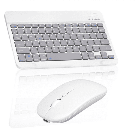 Rechargeable Bluetooth Keyboard and Mouse Combo Ultra Slim Full-Size Keyboard and Mouse for Lenovo Yoga Tab 11 and All Bluetooth Enabled Mac/Tablet/iPad/PC/Laptop - Stone Grey with White Mouse