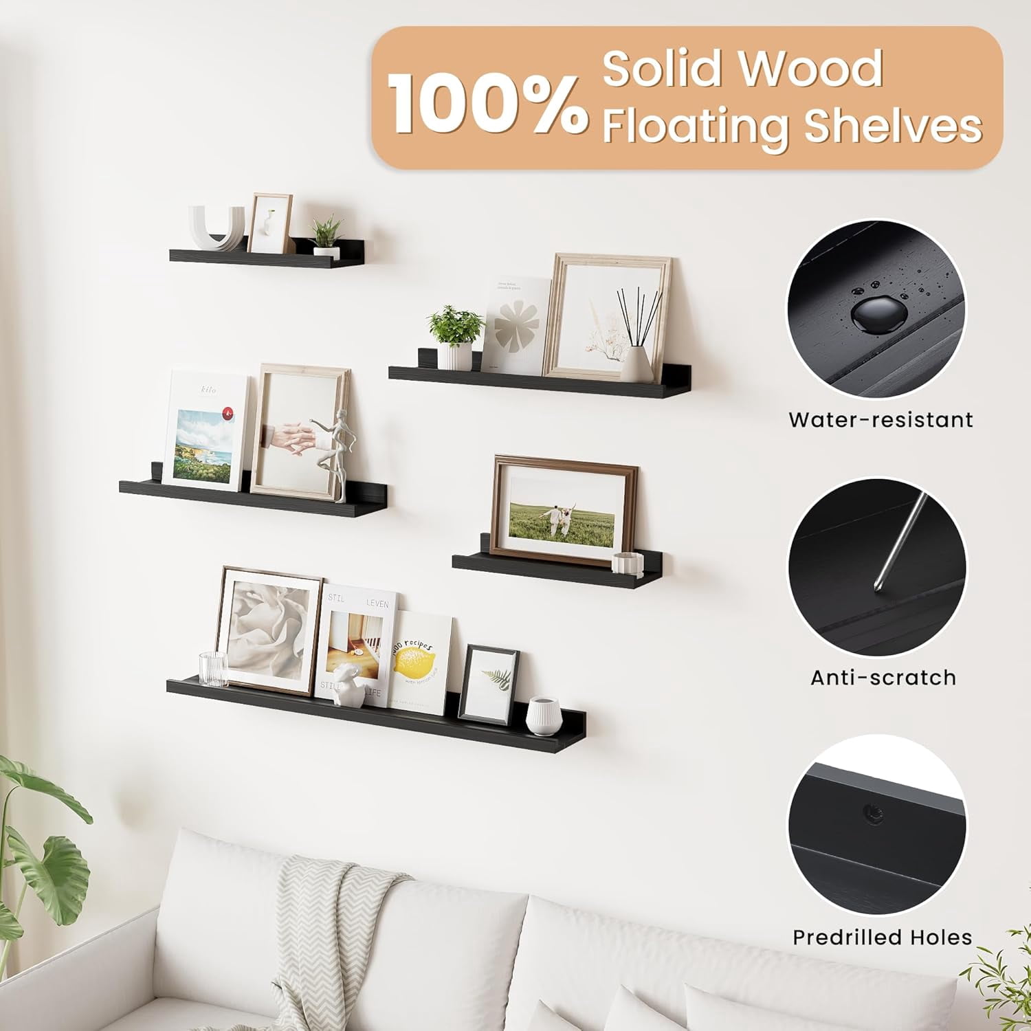 Long Floating Shelves for Wall, 72 inch Solid Wood Picture Ledge Shelf, Picture Shelf for Wall with Ledge, Floating Book Shelves for Living Room Bedroom Kitchen Nursery Decor, Black, Set of 2