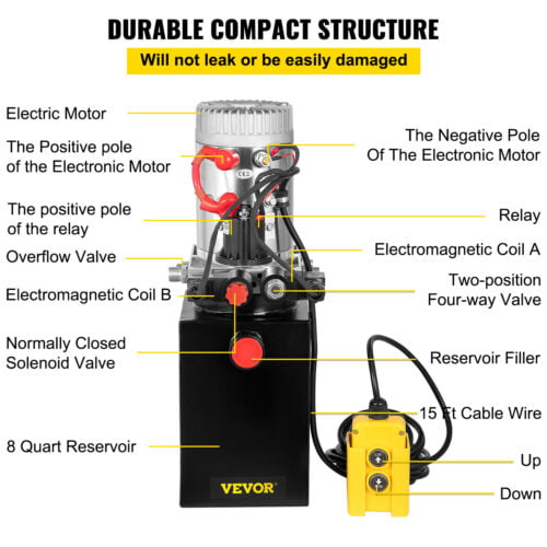 8 Quart Double Acting Hydraulic Pump Dump Trailer Reservoir Control Kit Durable 