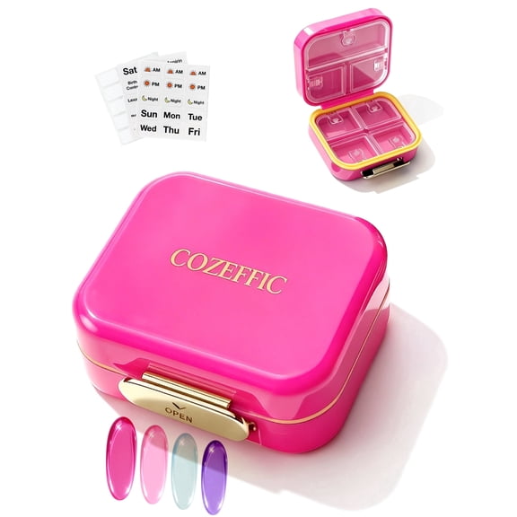 Travel Pill Organizer 7 Day Compartments, Moisture-Proof Double Lock, Compact Pill Box for Supplements, Vitamins, Hot Pink