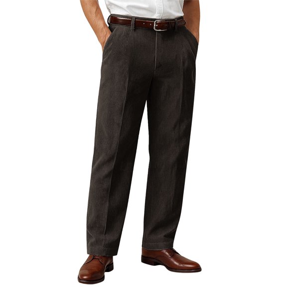 Men's High-Waist Corduroy Dress Pants - Pleated Front Straight-Leg Business Casual Trousers, Classic Wide-Wale Corduroy Bottoms with Pockets & Belt Loops