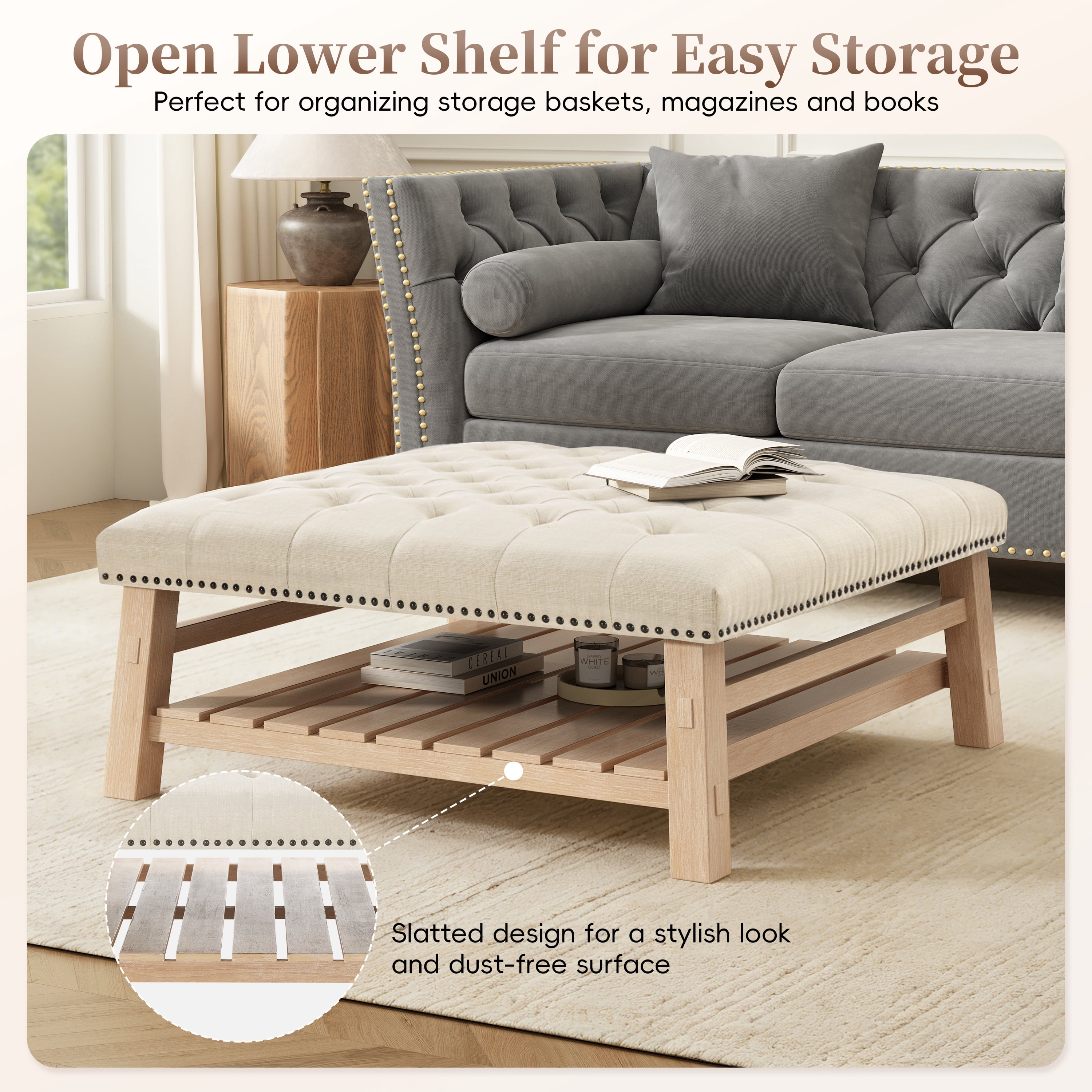 GARITIN Tufted Square Ottoman 41.5 Inch, Large Upholstered Footstool Coffee Table with Slatted Storage Shelf and Nailhead Trim, Beige