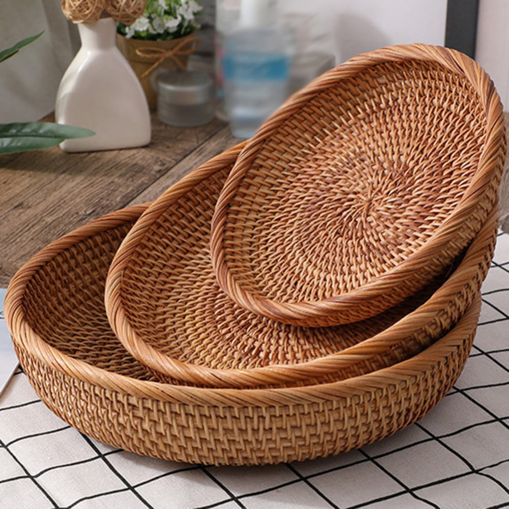 Vegetable Natural Set of 3 Snack Fruit Rattan Bread Baskets Round Woven Fruit Bowls Key Holders Stackable for Storage 