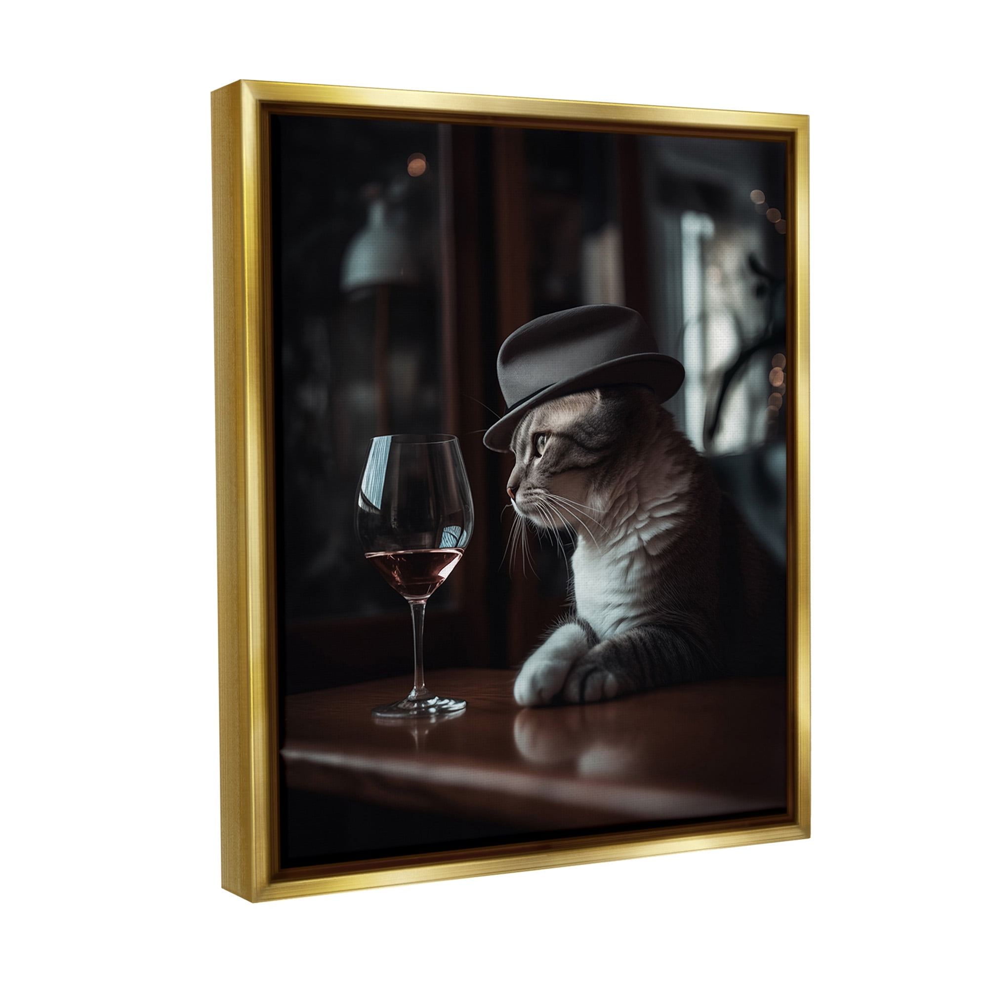 Stupell Industries Classy Cat at Bar Animals & Insects Painting Gold Floater Framed Canvas Art Print Wall Art, 25 x 31