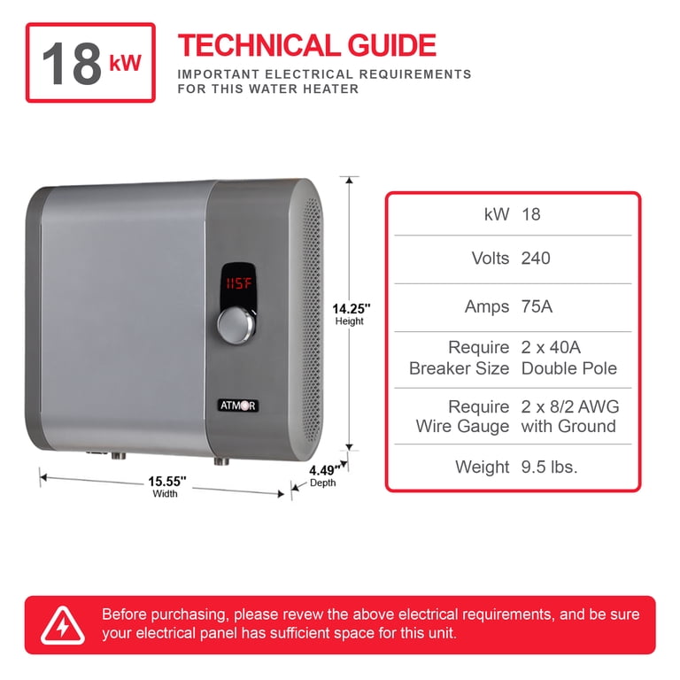 Atmor 18kW 3.73 GPM Electric Tankless Water Heater, ideal for 1 bedroom  home, up to 3 simultaneous applications - Walmart.com