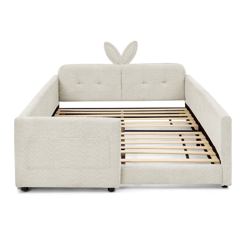 Full Size Upholstered Platform Bed with Rabbit Ear Shaped Headboard, Boucle Fabric Kids Bed with Side Pockets and Safety Guardrail, Space-Saving Corner Bed for Girls, Boys, Teenager