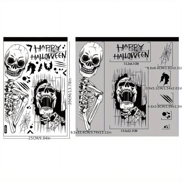 1pc Halloween Skeleton Window Sticker Skull Head Bat Static Glass Window Stickers Happy Halloween Party Ghost Festival Door Wall Decor Home Decor, Room Decor
