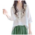 thumbnail image 2 of Neewe Womens Tops 3/4 Sleeve Shirts Round Neck Loose Casual Blouses Floral Embroidered Tshirts, 2 of 5