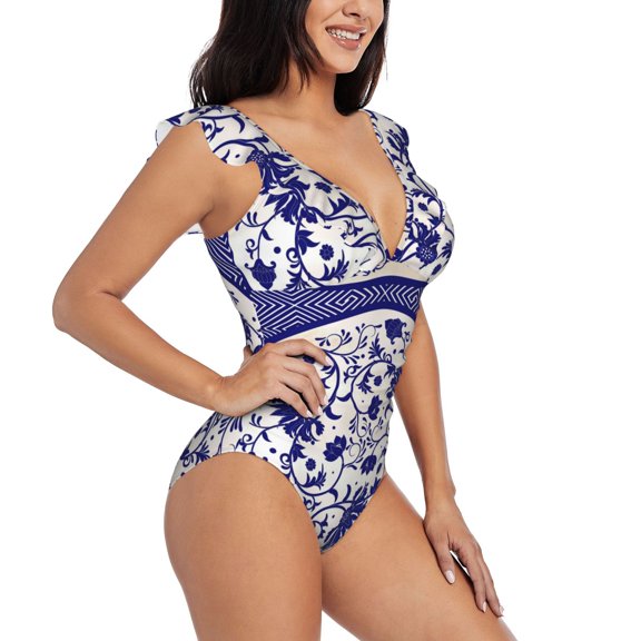 Fotbe Blue And White Porcelain Pattern Women's Tummy Control Swimsuits Slimming One Piece Bathing Suit Ruffle Wrap V Neck Swimwear-