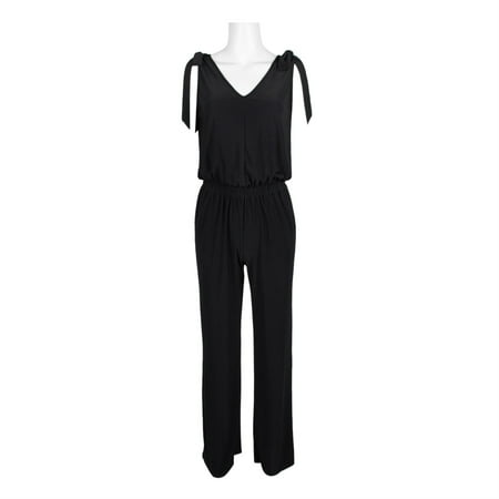 Laundry V-Neck Tie Shoulder Blouson Elastic Waist Solid Jumpsuit-BLACK / 6