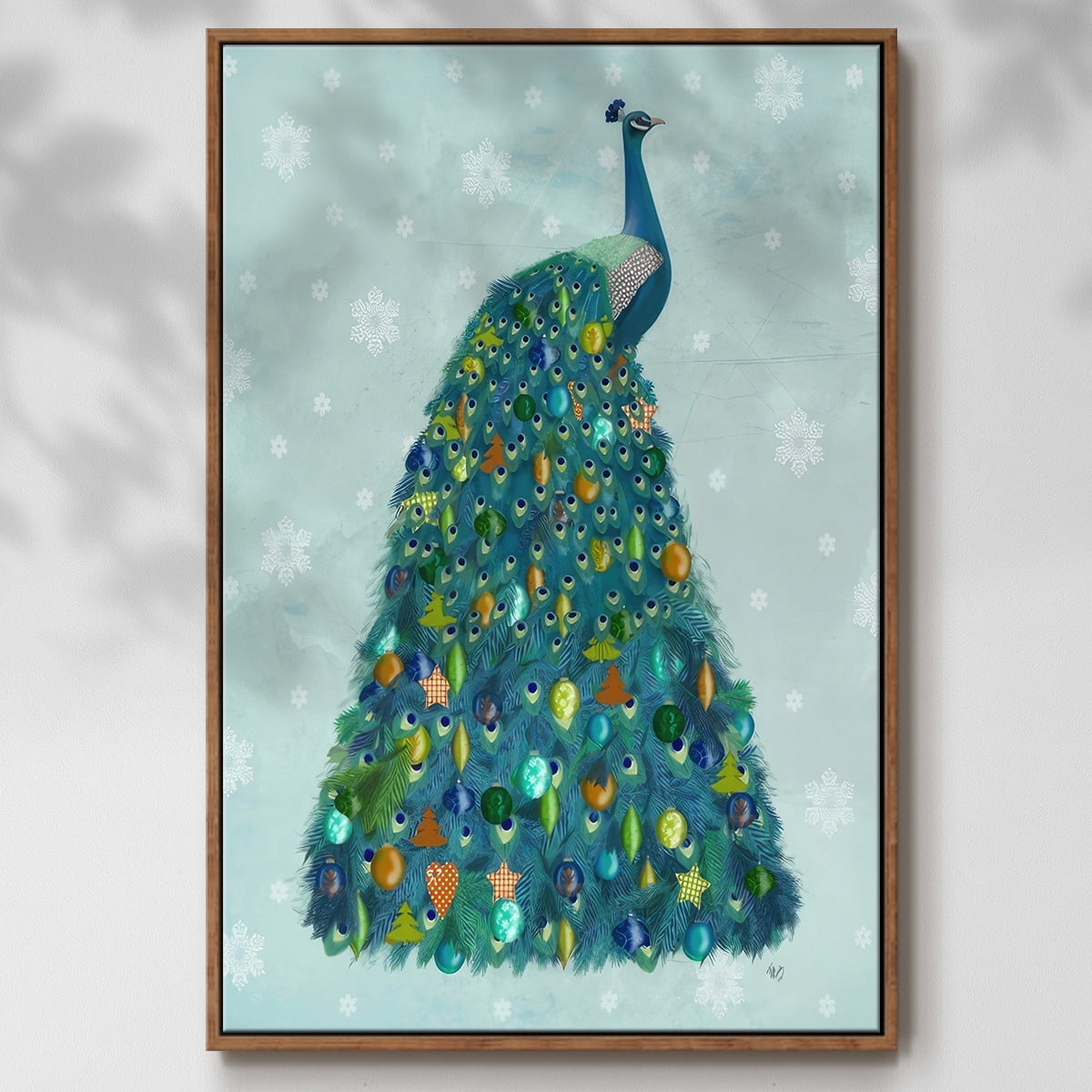 Christmas Peacock Christmas Tree - Framed Gallery Wrapped Holiday Canvas - 25 x 37 - Rosewood Frame