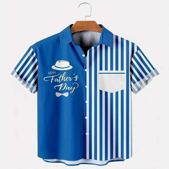 Men‘s Father‘s Day Striped Patchwork Print Vintage Short Sleeve Bowling Shirt