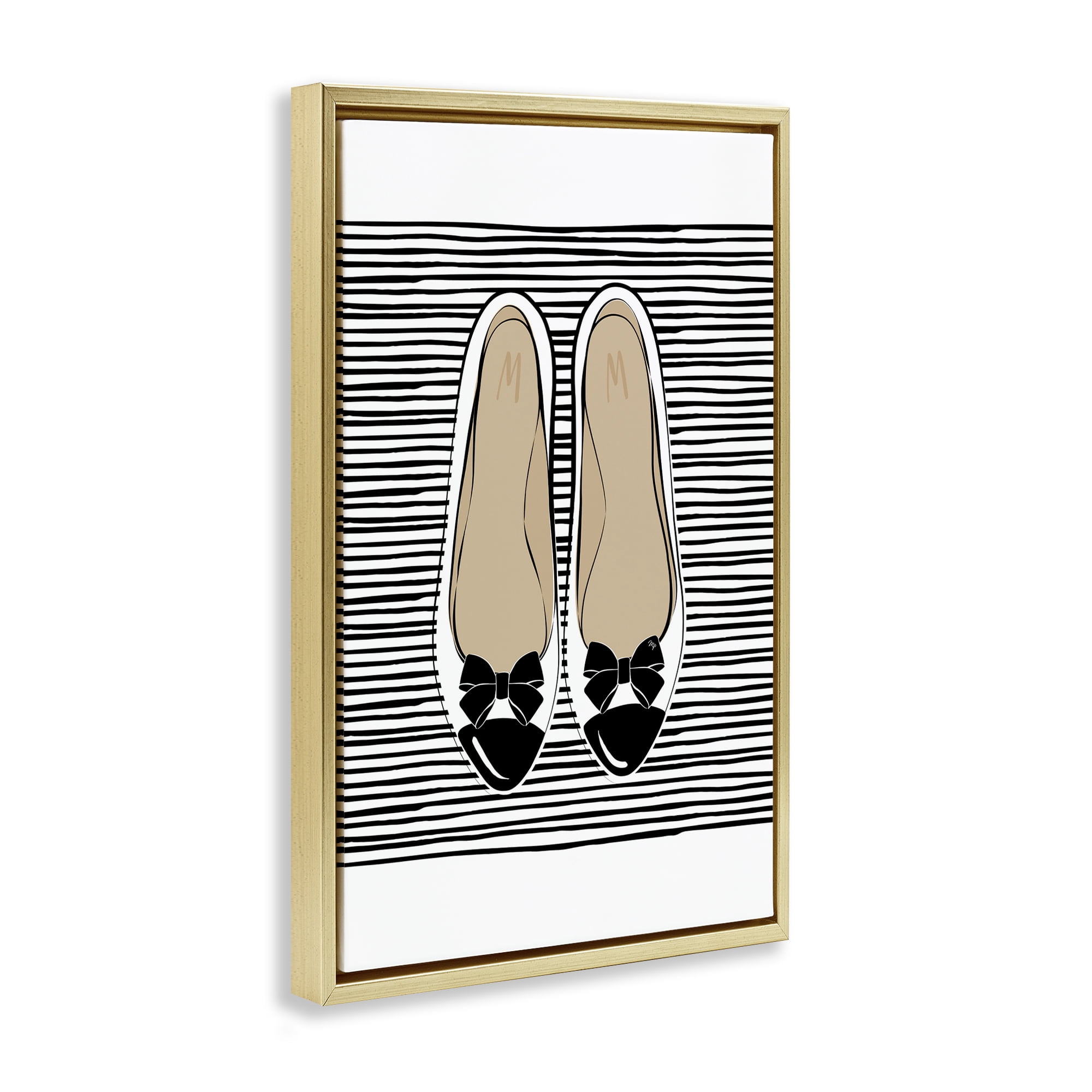 Stupell Industries Bow Flats on Stripes Beauty & Fashion Painting Gold Floater Framed Art Print Wall Art, 17 x 25