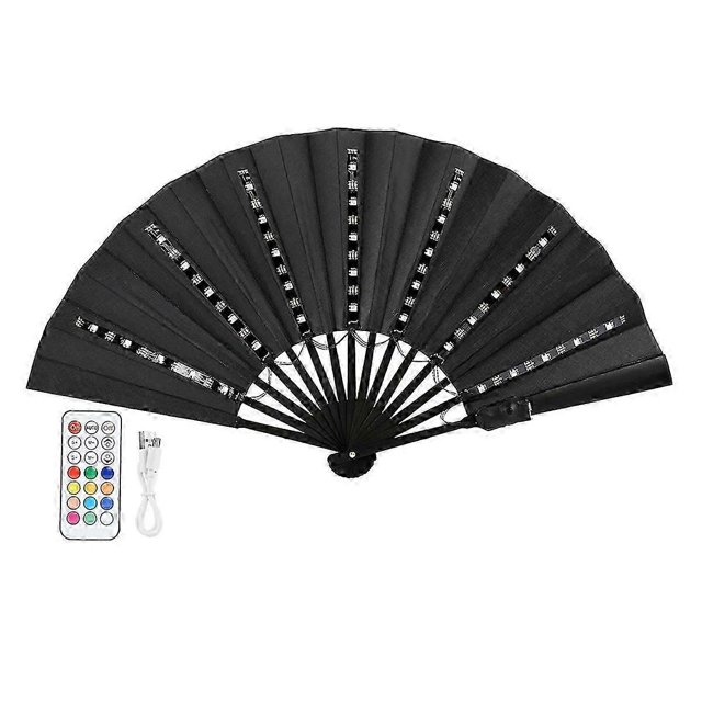 Ventilador plegable de mano chino con luces LED de colores brillantes y control remoto para espectáculos y presentaciones en escenarios (negro).