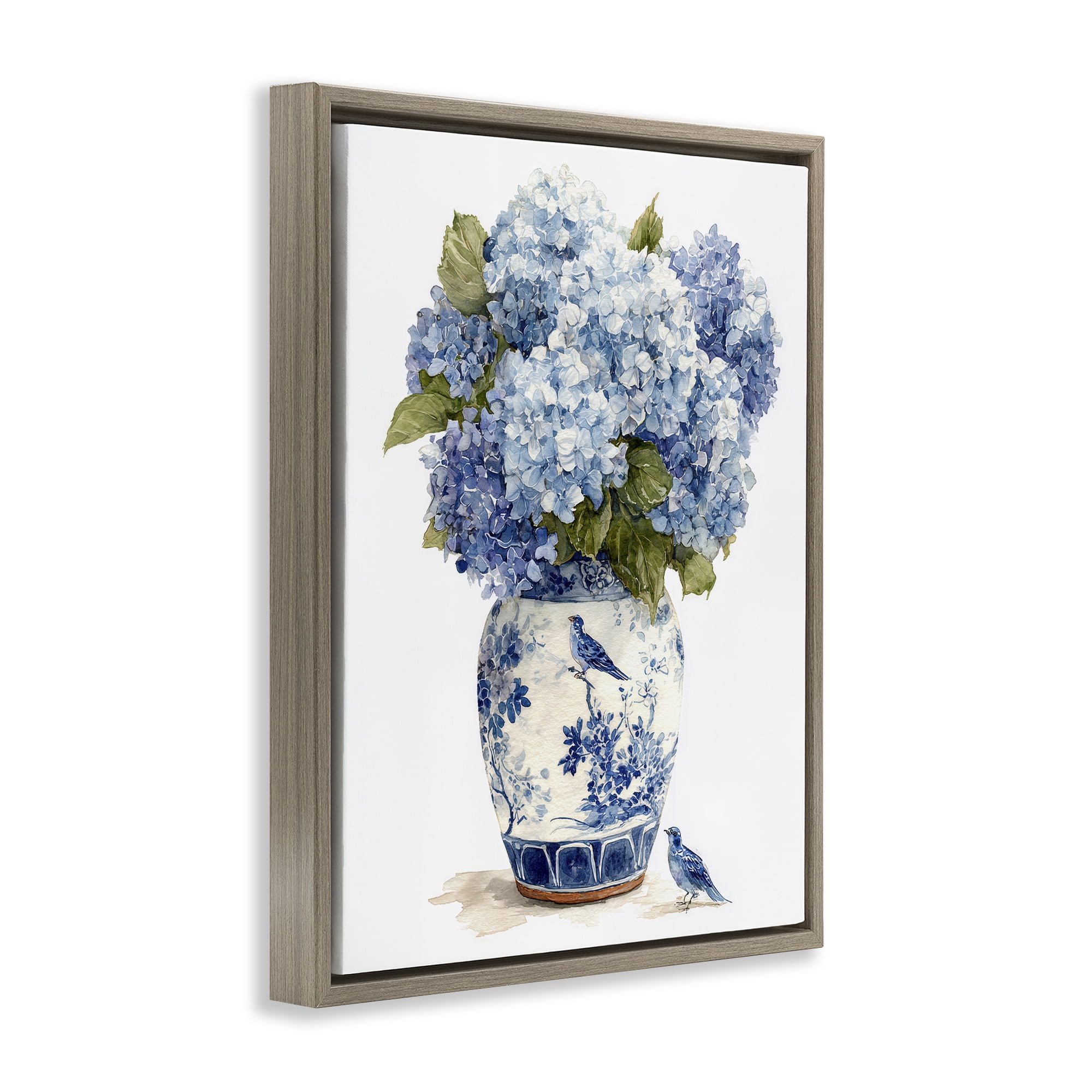 Stupell Industries Blue Bird & Hydrangea Vase Brown Framed Floater Canvas Wall Art, design by Imagine It Images