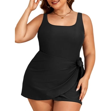 SHEWIN Womens Plus One-piece Swimsuits Padded Swim Dress Side Knot One Piece Bathing Suit with Skirt Summer Swimwear Black 2X