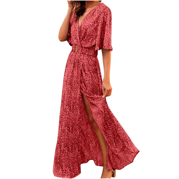 mtvxesu Dresses for Women, European And American Spring/Summer New Bohemian Long Dress Short Sleeved V-neck And Ankle Dress Plus Size Dresses