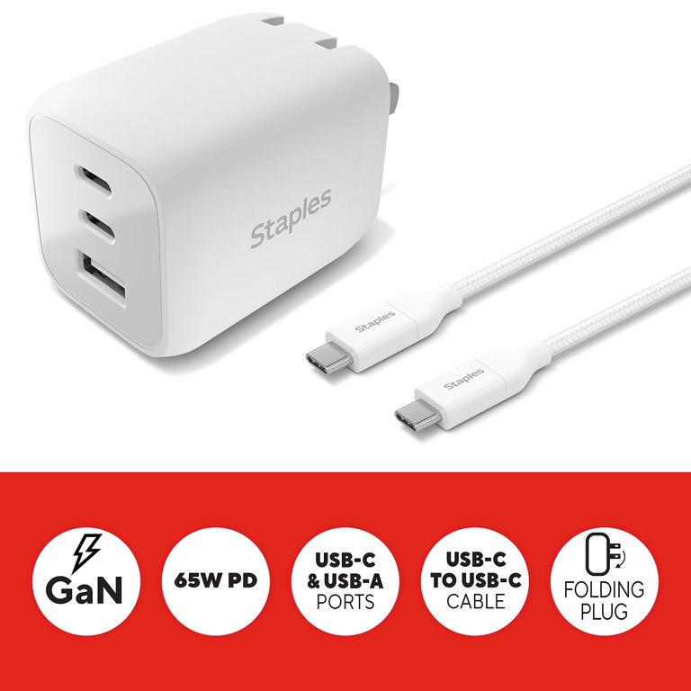 Staples TECH GaN USB-A/USB-C Wall Charger with Cable 65W White