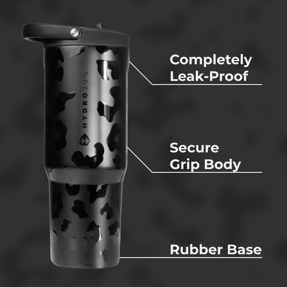 HydroJug Sport 40 oz Stainless Steel Water Bottle with Flip Straw, Insulated Leak-Proof Tumbler for Gym & Outdoor - Black Leopard